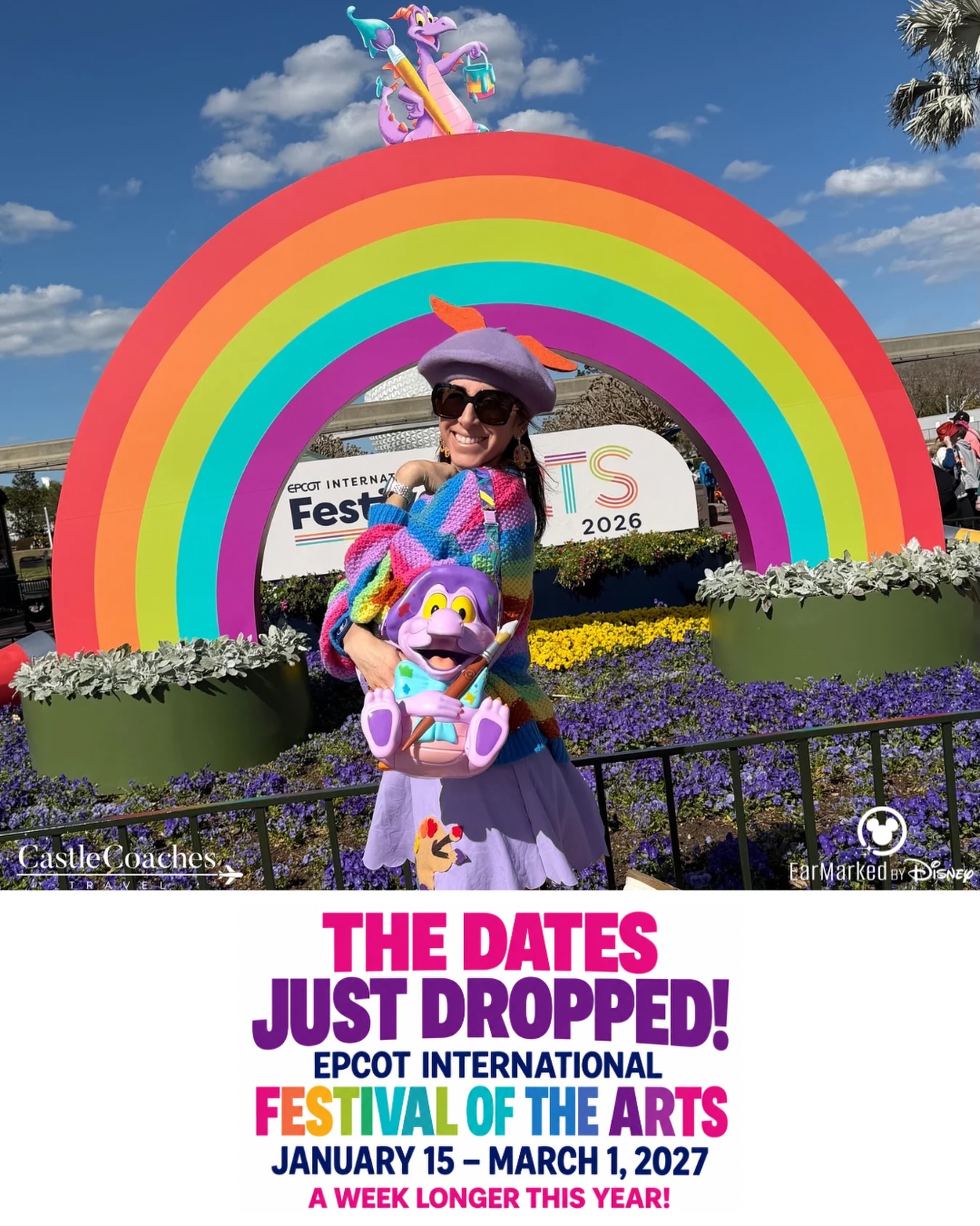 🎨 The dates are officially here! The EPCOT International Festival of the Arts returns January 15–March 1, 2027 — and this year, we’re getting an extra week of festival fun!
This is easily one of our favorite EPCOT festivals. Festival of the Arts brings together everything we love about Disney: incredible food, live entertainment, amazing artwork, interactive experiences, and plenty of opportunities to become part of the art yourself.
Throughout EPCOT, you can expect food studios featuring creative, beautifully presented dishes and drinks, Disney and visiting artists showcasing their work, interactive art displays, photo opportunities, and the always-popular DISNEY ON BROADWAY Concert Series. And, of course, you never know where our favorite purple dragon might pop up! 🎨🐉
It’s also such a fun time of year to visit Walt Disney World. Whether you’re planning a festival-focused getaway, a long weekend, or making Festival of the Arts part of a full Walt Disney World vacation, 2027 packages are available to book now.
And the timing couldn’t be better to book because Walt Disney World released several new 2027 vacation offers today for select stays January 3–July 28, 2027. That means Festival of the Arts dates are officially here and there are already opportunities to save on a 2027 vacation. Availability under Disney promotions is limited, so the earlier we can find the right resort, dates, and offer for your family, the better!
🏰 Why book your Walt Disney World vacation with Castle Coaches Travel? Our planning doesn’t stop once your reservation is booked. We help our clients navigate the entire process—including dining assistance, Lightning Lane strategy, transportation, park-day planning, personalized itineraries, and all those little details that can make a Disney vacation feel overwhelming. ✨ The best part? Our full planning services are complimentary when you book your qualifying Walt Disney World vacation package through Castle Coaches Travel.
Ready to start planning? Head to our stories for our quote request form or simply comment “FARTS” below, and we’ll reach out to help you get started! 🌈