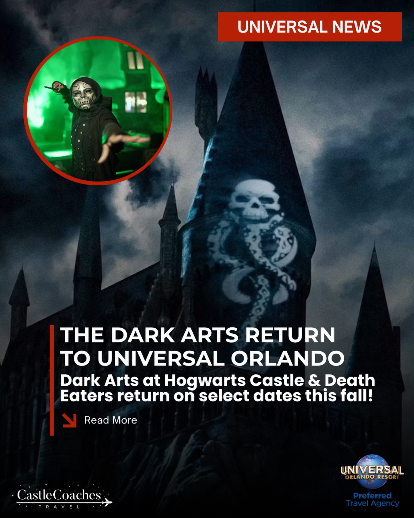 🪄 The Dark Arts are taking over Universal Orlando this fall…
🌑 Dark Arts at Hogwarts Castle returns on select nights September 5 – November 1, transforming Hogwarts with stunning projection effects and an unforgettable soundtrack.
💀 Plus, Death Eaters will once again roam Diagon Alley on select dates August 27 – November 1.
If a fall Universal Orlando vacation has been on your list, this is one of the best times of year to visit. Cooler evenings, incredible seasonal entertainment, Halloween Horror Nights and plenty of magic around every corner.
✨ Ready to experience it for yourself? Fill out our quote form and let Castle Coaches Travel help you plan the perfect Universal Orlando vacation!
📩 https://www.castlecoachestravel.com/quote
Castle Coaches Travel is a concierge travel agency specializing in Universal Orlando and Hollywood vacations, the Wizarding World of Harry Potter, and thoughtfully curated family travel — at no additional cost to you.
#hogwartscastle #universalstudiosvacation
#universalorlando #wizardingworldofharrypotter
#darkartsathogwartscastle