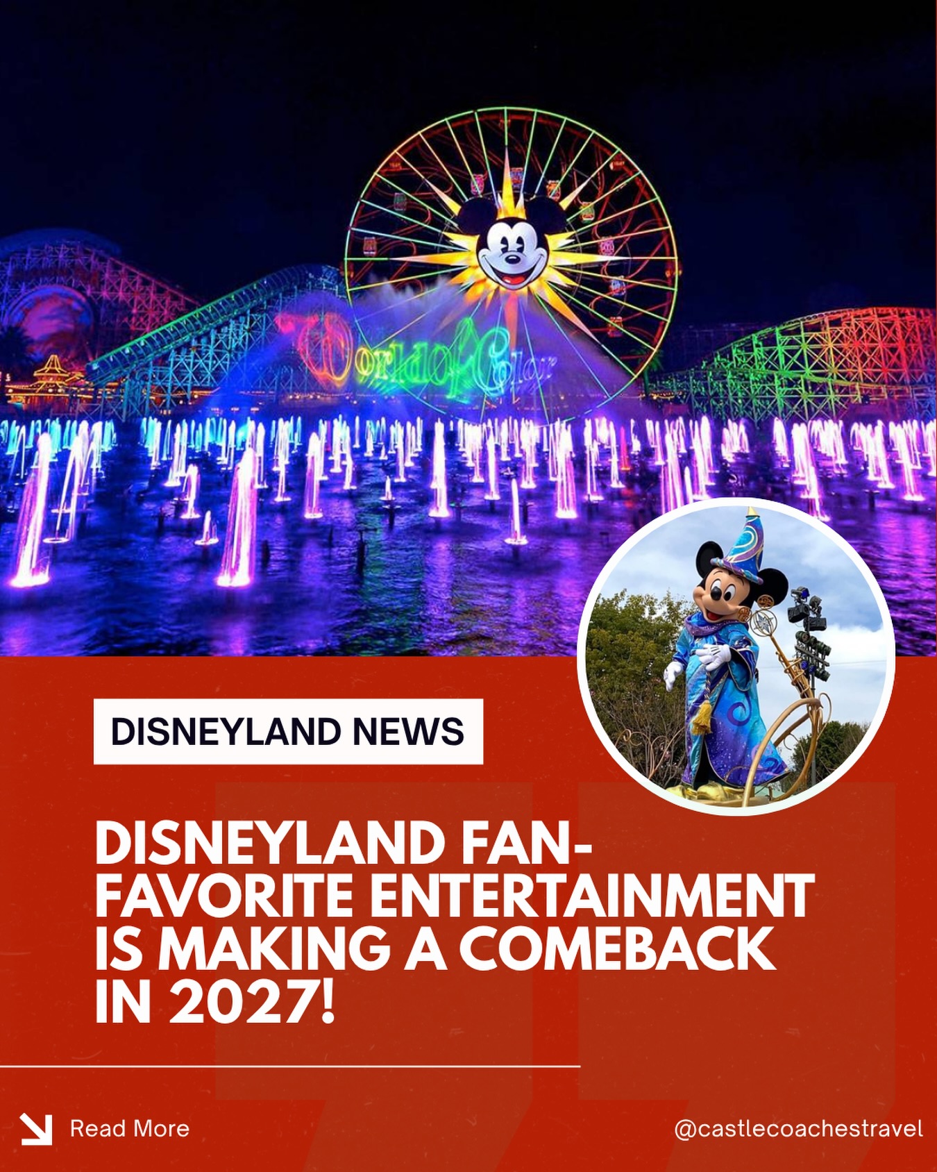 🚨 Disneyland Fan Favorites Are Making a Comeback in 2027! ✨
Disney just gave Disneyland fans three more reasons to start planning a 2027 vacation!
Here’s what’s returning to the Disneyland Resort:
🎆 Remember… Dreams Come True returns in February 2027 with enhanced projection effects on Sleeping Beauty Castle, Main Street, U.S.A., “it’s a small world,” and Rivers of America. Fireworks will be offered on select evenings.
🌈 The original World of Color is making its return to Disney California Adventure with a refreshed presentation featuring unforgettable moments from Disney and Pixar favorites like The Little Mermaid, The Lion King, Finding Nemo, and Toy Story.
✨ Magic Happens marches back into Disneyland Park in Summer 2027, bringing back its incredible floats, dazzling costumes, unforgettable music, and beloved characters from classics like Cinderella, The Sword in the Stone, and Coco.
If you’ve been waiting for the perfect time to visit Disneyland… 2027 is shaping up to be something special!
As a concierge travel agency specializing in Disney destinations, Castle Coaches Travel is here to help with every step of your vacation—from choosing the perfect resort and tickets to personalized planning, dining, Lightning Lane strategies, and more.
👇🏻 If you could only watch ONE of these returning shows, which would it be?
#disneylandresort #disneylandanaheim #disneylandvacation #d23 #disneynews