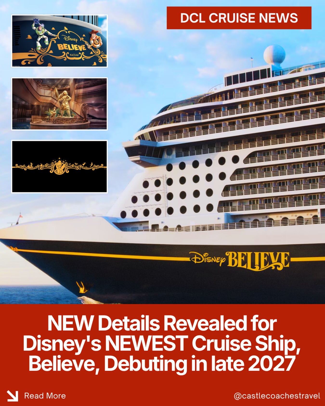 ✨ A Dream Worth Believing In… Disney Cruise Line Has Unveiled NEW Details About the Disney Believe! 🚢✨
Disney Cruise Line has officially revealed more exciting details about its newest Wish-Class ship, the Disney Believe, sailing for the first time in late 2027!
Inspired by the theme of “Promise & Possibility,” the Disney Believe will celebrate dreamers, adventurers, and the magic of believing in yourself through incredible storytelling and immersive experiences.
🌟 Here’s what we know so far:
🧚 Tinker Bell will take her place on the iconic ship’s bow, joined by silhouettes of Peter Pan, Wendy, Captain Hook, and other beloved Never Land characters.
🤠 On the stern, Woody & Buzz Lightyear will be hard at work “carving” the ship’s name into the back of the vessel.
🌊 Inside the breathtaking Grand Hall, guests will be welcomed by a stunning bronze statue of Moana, alongside her loyal companions Pua and Hei Hei.
✨ Disney has also confirmed that the ship will feature brand-new entertainment, venues, and experiences inspired by:
• 🌸 Encanto
• ❄️ Frozen
• 🍎 Snow White and the Seven Dwarfs
• 🌊 Moana
• 🧜♀️ The Little Mermaid
As the fourth Wish-Class ship (joining the Disney Wish, Disney Treasure, and Disney Destiny), the Disney Believe continues Disney Cruise Line’s incredible expansion and is expected to become the ninth ship in the fleet. Additional dining, entertainment, itineraries, and booking details will be announced in the coming months.
💙 At Castle Coaches Travel, Disney Cruise Line isn’t just something we book—it’s what we specialize in.
Whether you’re dreaming about sailing on the Disney Believe’s inaugural season or planning your family’s very first Disney cruise, our concierge planning services are here to make every step effortless—from selecting the perfect stateroom and itinerary to dining reservations, onboard activities, and everything in between. 📲Reach out to a CCT agent today to get your next DCL cruise booked!
Which detail has you the most excited? Let us know below!👇🏻🧚🌊🚢
#DisneyCruiseLine #disneycruisevacation #disneybelieve #di