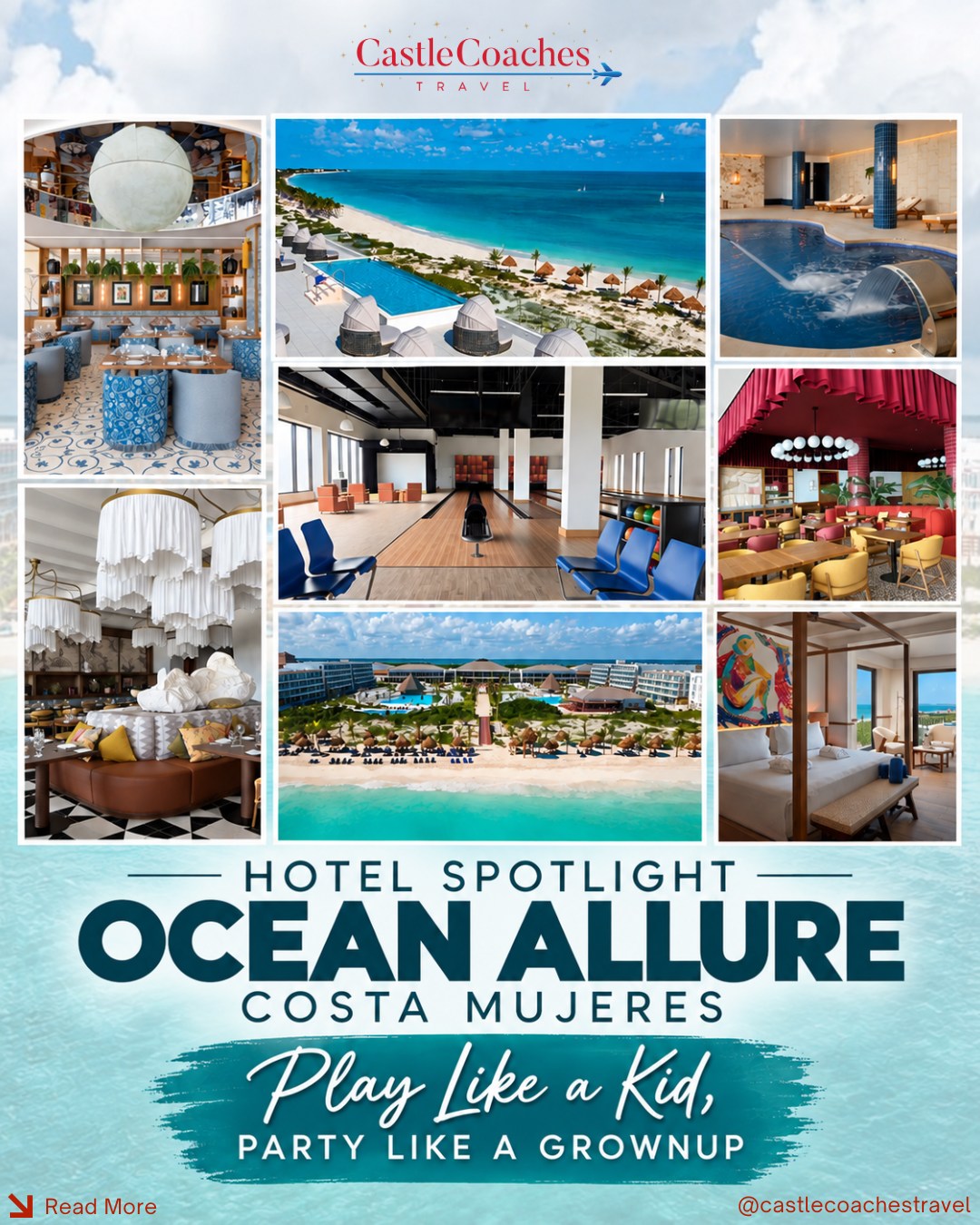 HOTEL SPOTLIGHT: Ocean Allure Costa Mujeres 🌴
📍 Costa Mujeres, Mexico — just north of Cancún
A lazy river, FlowRider AND a bowling alley… at an adults-only all-inclusive?! 👀 Say no more!
Meet Ocean Allure Costa Mujeres, an adults-only resort that brings a little more fun to the traditional all-inclusive experience all while still feeling higher end. Originally designed as a family resort, it kept some pretty incredible amenities including:
🌊 Lazy river
🏄 FlowRider
🎳 Bowling alley
⛳ Virtual golf
🏓 Pickleball
🍕 Seriously good food
🛎️ 24-hour room service for everyone
🌴 A gorgeous Costa Mujeres beach
🏨 The Property
Modern, stylish, and packed with things to do, Ocean Allure Costa Mujeres is perfect for adults who want a gorgeous beach vacation without spending the entire trip just sitting by the pool.
Despite having 600 rooms and a full lineup of amenities, the resort feels surprisingly intimate and easy to navigate. Its U-shaped design keeps everything convenient, with the lobby and main amenities in the center, guest rooms on either side, and two pools framing a large courtyard that leads you straight to that beautiful Costa Mujeres beach.
What really caught our attention at Castle Coaches Travel is the personality of this resort. Instead of the neutral, ultra-minimal look that has become so common at newer luxury properties, Ocean Allure embraces vibrant colors and Mexican-inspired details throughout. It feels fresh, upscale and distinctive - but still FUN.
And with more than 80% of the rooms offering ocean views, you’re never far from a reminder that you’re in paradise. 🌊
Between the beach, pools, lazy river, FlowRider, bowling, pickleball, virtual golf, great dining and 24-hour room service, this is the kind of all-inclusive where you could easily spend a week and still wish you had another day.
Adults-only + all-inclusive + plenty to actually DO. Would you stay here? 👀 Ready to experience Ocean Allure for yourself? Reach out to Castle Coaches Travel for a personalized quote and let’s start planning your getaway! 🌴✈️
#OceanAllureCostaMujeres #CastleCoachesTravel #AdultsOnlyResort #AllInclusiveResort #MexicoTravel