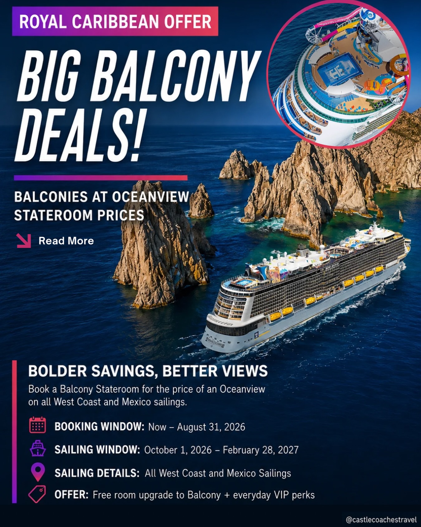 🚢 BIG BALCONY VIEWS… WITHOUT THE BIGGER PRICE TAG. 👀
Royal Caribbean Cruise Line just launched a fantastic promotion that lets you book a Balcony Stateroom for the price of an Oceanview on select West Coast and Mexico sailings!
Imagine sipping your morning coffee on your own private balcony, watching the sunrise over the Pacific, or taking in the sea breeze as you sail into Cabo, Puerto Vallarta, or the Mexican Riviera—all without paying the typical balcony premium.
✨ Offer Highlights:
• Balcony Stateroom for Oceanview pricing
• Eligible West Coast & Mexico sailings
• Sailing Window: October 1, 2026 – February 28, 2027
• Book by August 31, 2026
These promotions don’t last long, and the best dates are always the first to disappear.
📩 Ready to see what’s available? Send us a message or fill out our quote form, and we will help you find the sailing that’s right for you.
#royalcaribbeancruiseline #cruisedeals #cruisevacation #cruisedeals #castlecoachestravel