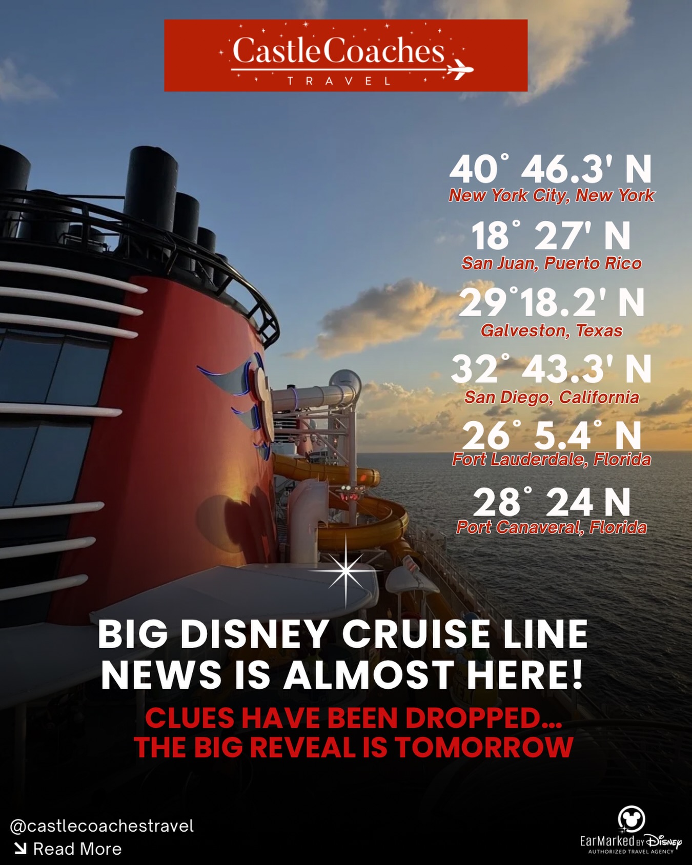 🚢 DISNEY CRUISE LINE IS TEASING SOMETHING BIG…
👀 We spy NYC coordinate released by Disney! 🗽
Disney Cruise Line dropped a series of mysterious coordinates on social media today, and one of them appears to point straight to New York City. Add in coordinates for Galveston, San Diego, Port Canaveral, Fort Lauderdale, and San Juan, and it’s safe to say the speculation has officially begun!
So naturally, we’re wondering… what’s Disney about to announce? Could we be seeing return of a favorite homeport or something completely unexpected?
The timing is especially interesting because Fall 2027 Disney Cruise Line itineraries are expected to be revealed! If a Disney cruise is on your wish list, this is one announcement you won’t want to miss.
As soon as Disney releases the details, Castle Coaches Travel will be sorting through the itineraries, ships, dates, pricing, and booking timelines so you don’t have to.
✨ Thinking about sailing with Disney in Fall 2027?
Fill out our quick interest form and tell us what you’re looking for. As soon as the new itineraries are released, we’ll send you the details, booking information, and help you narrow down the perfect sailing for your family.
🚢 One tip: Disney Cruise Line pricing generally increases as inventory sells, so getting started early can make a big difference—especially for popular sailings and stateroom categories.
📩 Let us know you’re interested here: https://www.castlecoachestravel.com/quote OR comment DCL 2027 below and we’ll reach out to add you to our Fall 2027 interest list.
If Disney adds or expands one homeport, which would you choose and why? 👇 👀⬇️
Castle Coaches Travel is an Earmarked by Disney Authorized Travel Agency that specializes in Disney Cruise Line vacations, concierge cruise planning, Disney cruise tips, Disney cruise ship expertise, embarkation day planning, and full-service vacation support at no additional cost to the client.
#DisneyCruiseLine #DisneyCruise #disneycruise2027 #CastleCoachesTravel #disneycruiseplanning