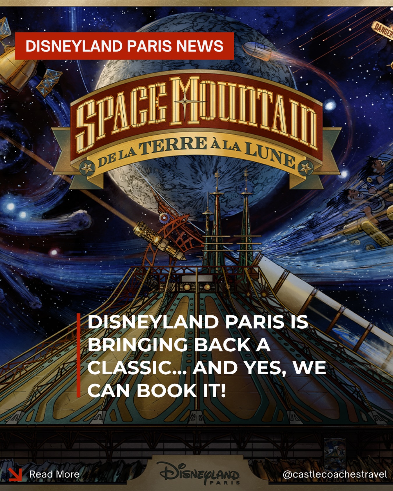 🚀 Space Mountain Is Getting a Classic Revival at Disneyland Paris! 🇫🇷✨
Disneyland Paris has announced that Hyperspace Mountain will be transformed back into Space Mountain: De la Terre à la Lune—the beloved Jules Verne-inspired version that made this attraction famous. Hyperspace Mountain will remain open through the end of 2027 to begin its reimagining.
When it reopens, guests can look forward to:
🌙 The return of the iconic Space Mountain name
🎼 The original musical score
🚀 A refreshed experience inspired by Jules Verne’s From the Earth to the Moon, bringing back the unique steampunk aesthetic that Disney fans have loved for years.
Many don’t realize that Disneyland Paris is an incredible and unique vacation destination—and yes, we can book it! 🇫🇷✨
At Castle Coaches Travel, we don’t just book Disneyland Paris vacation packages—we’ve experienced the magic ourselves, multiple times. That firsthand knowledge allows us to offer personalized recommendations, insider tips, and concierge-level planning to help you make the most of your visit.
💬 Have you ever wanted to visit Disneyland Paris, or is it still on your Disney bucket list?
📲Reach out to a CCT agent today to get your next Disneyland Paris vacation booked!
#disneylandparís #d23 #castlecoachestravel #disneytripplanning #disneybucketlist