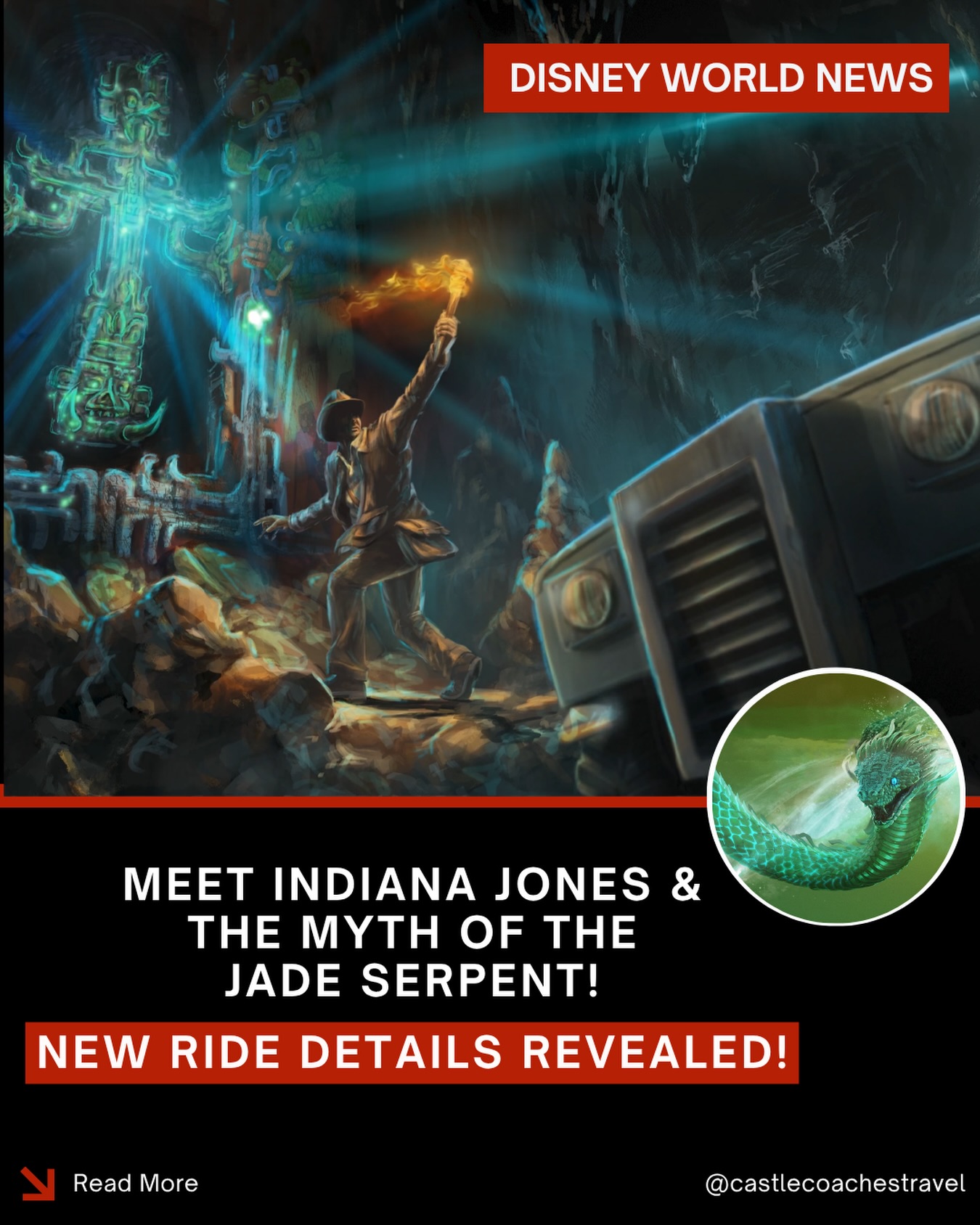 🤠 NEW Details Revealed for Disney World’s Indiana Jones Attraction! 🐍
Disney has officially pulled back the curtain on the all-new Indiana Jones attraction coming to Disney’s Animal Kingdom, and there’s a lot to be excited about!
The attraction’s official name is Indiana Jones and the Myth of the Jade Serpent, and it will open as part of the brand-new Tropical Americas land in 2027. (Lucasfilm.com)
Here’s what Disney revealed at D23 2026:
🏛️ An all-new original story — This isn’t a copy of Disneyland’s Indiana Jones Adventure. It’s a completely new adventure created exclusively for Walt Disney World. (Disney Experiences)
🐍 The story — Indiana Jones is exploring an ancient Maya temple near a long-forgotten cenote. According to local legend, a hidden passage leads to the Mayan underworld, where the mythical Jade Serpent (Tsukán) stands guard. Guests will join Indy on an expedition that quickly goes off the rails. (Lucasfilm.com)
🦂 Expect plenty of thrills — Disney confirmed you’ll encounter giant scorpions, bats, snakes, and other dangers as you race through the mysterious temple. (Undercover Tourist)
🎬 Harrison Ford is joining the adventure! For the first time ever in a Disney attraction, the Audio-Animatronic of Indiana Jones will be modeled after Harrison Ford himself, bringing the legendary adventurer to life like never before. (Lucasfilm.com)
🌿 The attraction will be one of the signature experiences inside Tropical Americas, the new land replacing DinoLand U.S.A. and also home to Antonio’s Fiesta de Encanto, El Carrusel de los Animalitos, new dining, shopping, and more—all arriving in 2027. (Disney Experiences)
✨ Reach out to a Castle Coaches Travel agent today to get your next Walt Disney World vacation booked! Whether you’re planning your next trip or looking ahead to experience Tropical Americas in 2027, we’re here to help make your Disney vacation unforgettable.
#CastleCoachesTravel #WaltDisneyWorld #IndianaJones #AnimalKingdom #d23
