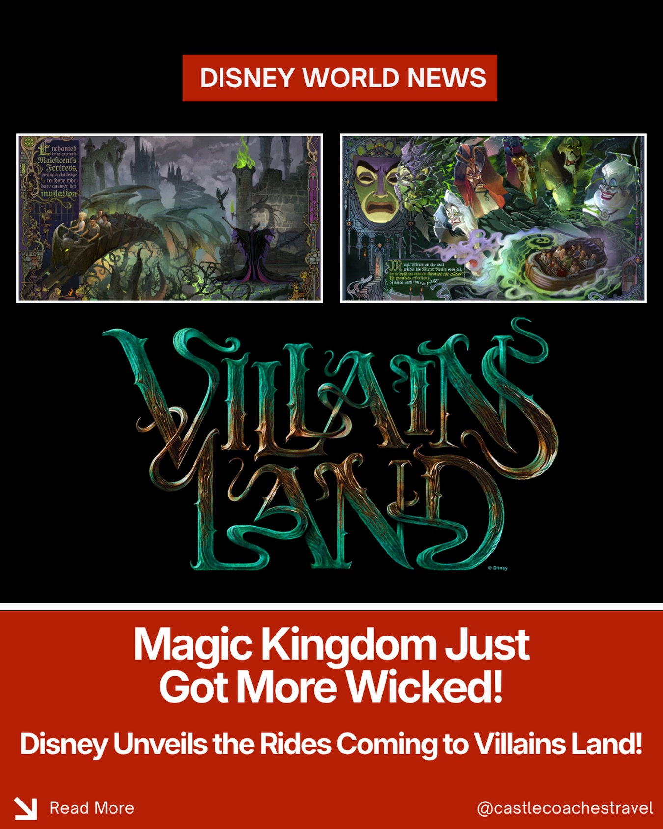 😈 Disney Just Revealed HUGE New Details About Villains Land! 🏰
If you’ve been waiting for more news about Villains Land at Magic Kingdom, Disney did not disappoint at D23 2026!
Here’s what we learned about this highly anticipated expansion:
🖤 Two all-new major attractions are coming to the land:
🐉 Maleficent’s Briarwood Brawl
Step into Maleficent’s cursed forest on a thrilling family coaster where you’ll race through twisted briar patches while trying to escape the legendary Dragon herself. Disney says this attraction will feature the largest Audio-Animatronic ever created, bringing Dragon Maleficent to life in an epic finale.
🪞 Magic Mirror
The second attraction is an all-new dark ride inspired by the Magic Mirror from Snow White and the Seven Dwarfs. Guests will journey through a mysterious realm where iconic Disney Villains—including the Evil Queen, Ursula, Hades, Jafar, Captain Hook, Dr. Facilier, Cruella de Vil, and others—have been summoned together by dark magic.
🌳 Disney also shared more about the land itself. Villains Land will feature eerie forests, twisted landscapes, cursed architecture, immersive shopping, themed dining, and countless villain-inspired details that make it unlike anything Disney has ever built. Imagineers even described it as one of the most ambitious lands they’ve ever created.
📍 Located beyond Big Thunder Mountain Railroad, Villains Land will become Magic Kingdom’s first-ever land completely dedicated to Disney Villains. While Disney has not announced an official opening date yet, construction is already well underway.
This is shaping up to be one of the most exciting expansions in Walt Disney World history, and we can’t wait to watch it come to life!
✨ Reach out to a Castle Coaches Travel agent today to get your next Walt Disney World vacation booked! Whether you’re planning your next magical getaway or looking ahead to experience Villains Land, we’re here to help every step of the way.
#CastleCoachesTravel #WaltDisneyWorld #VillainsLand #magickingdompark #D23