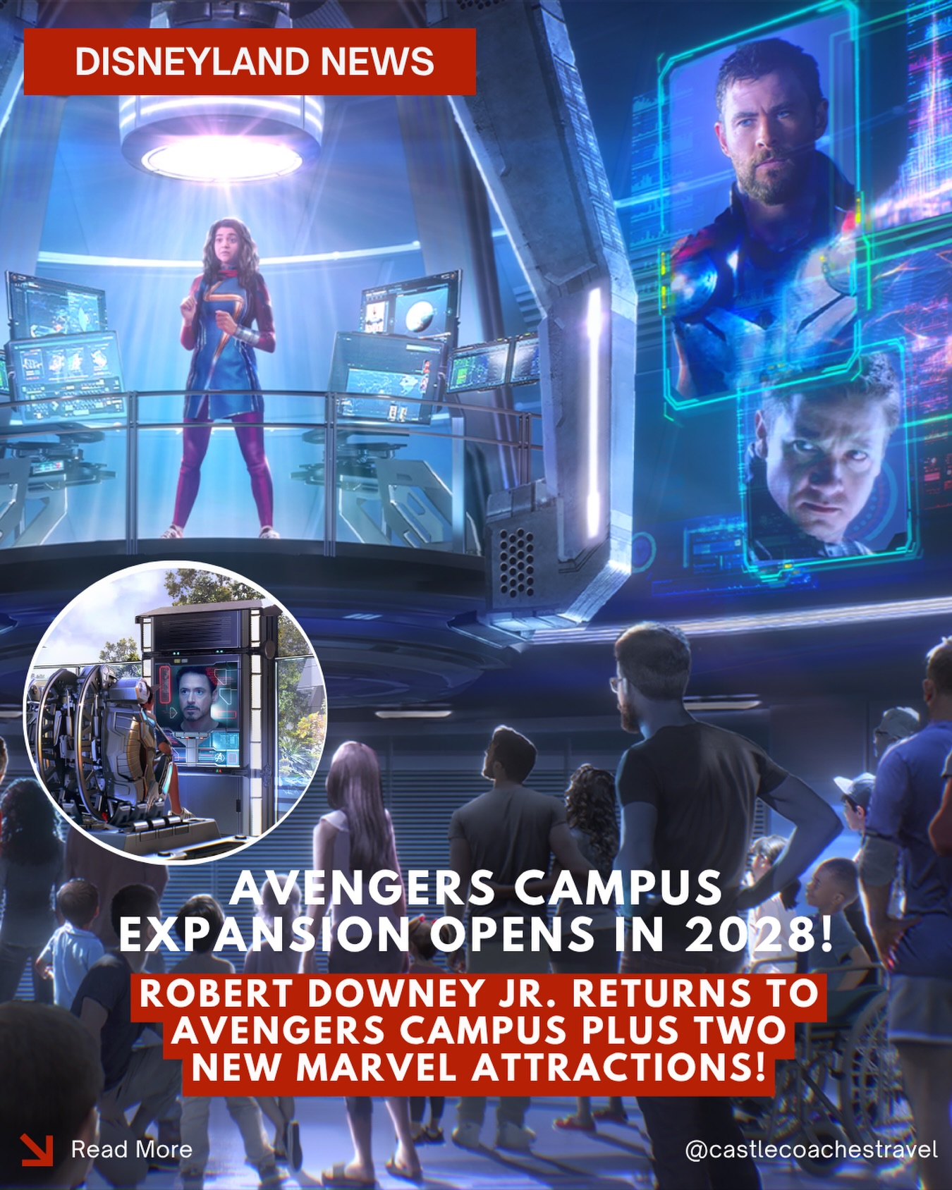 🦸 BIG Updates Revealed for Avengers Campus at Disneyland Resort!
Earth’s Mightiest Heroes are assembling in an even bigger way!
Disney has shared exciting new details about the Avengers Campus expansion at Disney California Adventure, and it’s shaping up to be one of the biggest additions ever to Disneyland Resort.
Here’s what’s coming:
🛡️ Avengers Campus will DOUBLE in size, and Disney has officially confirmed that both new attractions are scheduled to open in 2028.
🌍 Avengers: Infinity Defense
Suit up alongside the Avengers as you battle King Thanos across the Multiverse. Guests will travel to incredible locations like Asgard, Wakanda, and New York City, with appearances from fan-favorite heroes including Iron Man, Captain America, Thor, Hawkeye, and Ms. Marvel.
✈️ Stark Flight Lab
Tony Stark is inviting guests to test cutting-edge flight technology in an all-new adventure. Disney also confirmed that Robert Downey Jr. will reprise his role as Tony Stark, joined by Anthony Mackie (Captain America) and Brie Larson (Captain Marvel) for this exciting new attraction.
🚗 Disney also revealed that the expanded Avengers Campus will reconnect with Cars Land, making it even easier to explore more of Disney California Adventure.
If you’re a big Marvel fan like us, 2028 is already shaping up to be an incredible year at Disneyland Resort!
✨ Reach out to a Castle Coaches Travel agent today to get your next Disneyland Resort vacation booked! Whether you’re planning your next visit or looking ahead to experience the expanded Avengers Campus, we’re here to help make your vacation super.
#CastleCoachesTravel #Disneyland #AvengersCampus #Marvel #d23