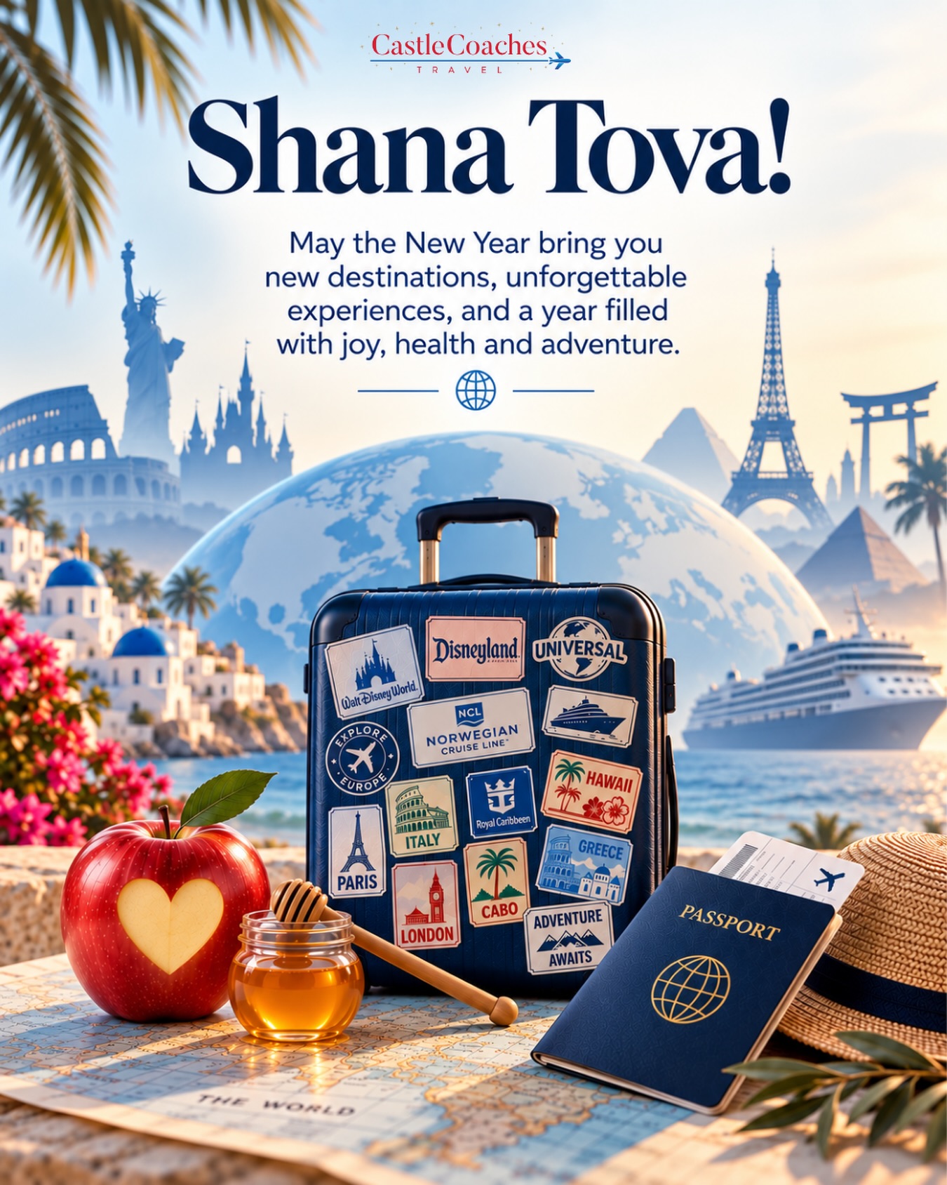 Shana Tova to all those who celebrate! 🍎🍯
May the New Year bring you sweetness, joy, good health, and plenty of new destinations to discover. Here’s to unforgettable experiences, new adventures, and beautiful memories made around the world in the year ahead. ✈️🌎
Wishing you and your loved ones a sweet and happy New Year from all of us at Castle Coaches Travel!♥️
