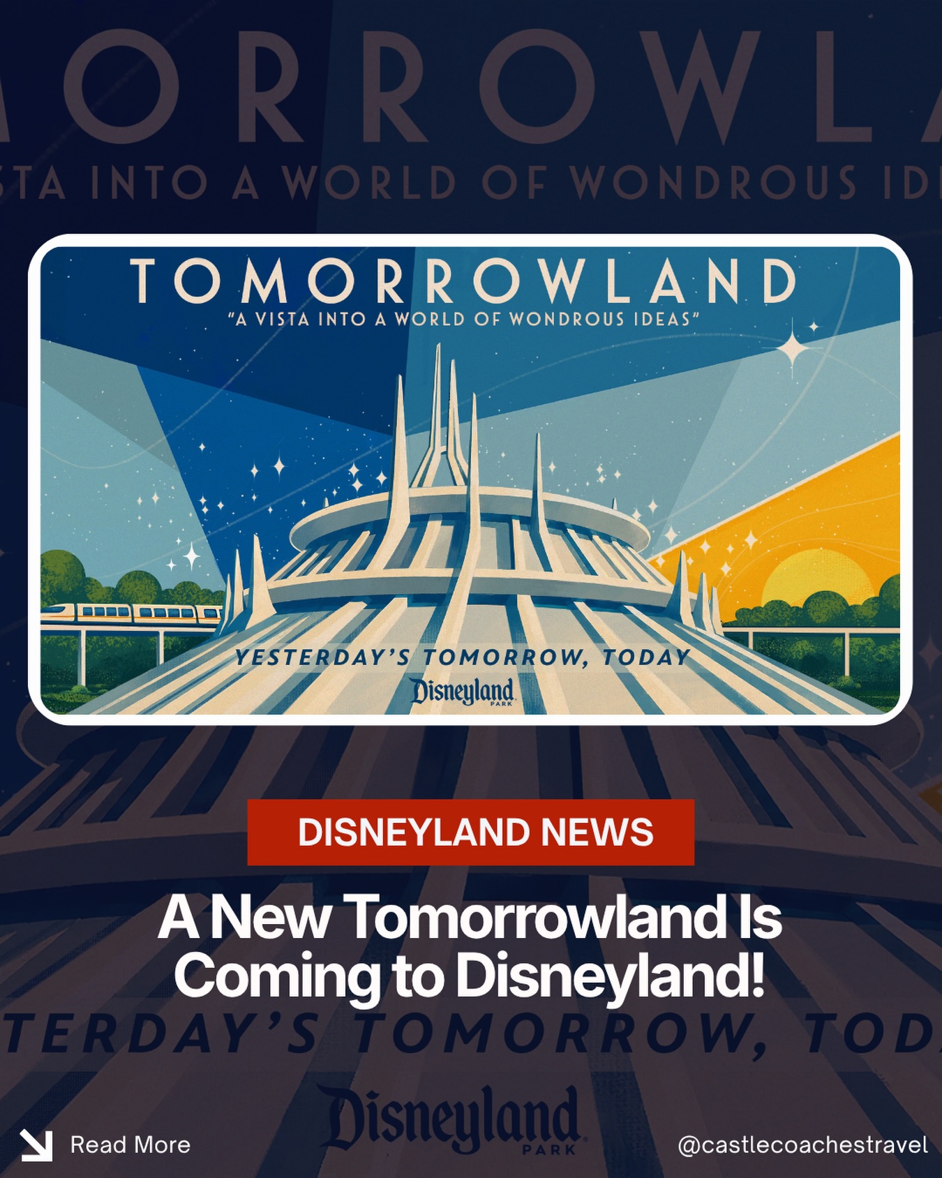 🚀 Tomorrowland Is Being Reimagined at Disneyland! ✨
The future is taking shape at Disneyland Park!
At D23 2026, Disney announced that Tomorrowland will undergo a major reimagining—one that celebrates the land’s rich history while creating an exciting new vision for the future.
Here’s what Disney has revealed so far:
💫 The reimagining will honor the legacy of Walt Disney’s original Tomorrowland while embracing a new generation of dreamers and innovators.
🚀 Guests can look forward to new attractions, more open spaces, and new places to dream about the future, all designed to make Tomorrowland feel more inspiring, immersive, and optimistic than ever before.
✨ Disney’s concept art even features the original Tomorrowland tagline:
“A Vista Into a World of Wondrous Ideas”—a fitting tribute to Walt’s vision that Tomorrowland should always evolve and never stop looking ahead.
While Disney hasn’t announced which current attractions may change or when construction will begin, this announcement signals one of the most significant updates to Disneyland’s Tomorrowland in decades, and we can’t wait to see what Imagineering has in store.
✨ Reach out to a Castle Coaches Travel agent today to get your next Disneyland Resort vacation booked! Whether you’re planning a visit to experience Tomorrowland as it is today or looking ahead to its exciting future, we’re here to help every step of the way.
#CastleCoachesTravel #Disneyland #Tomorrowland #D23 #disneytripplanning